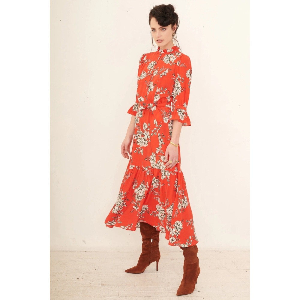 Marissa Webb Red Floral Printed Midi shirt dress size 10
